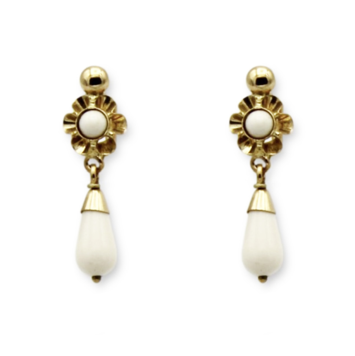 Pendientes oro 18k niña color marfil blanco lágrima 1ª postura