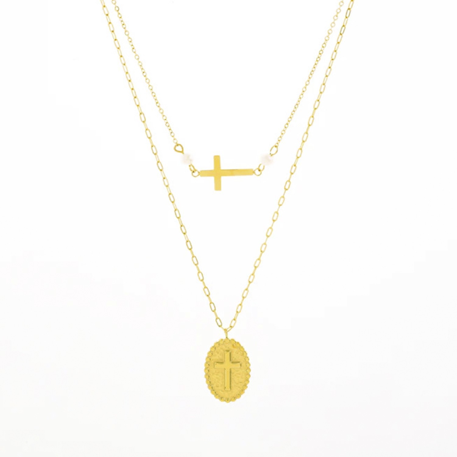 Gargantilla acero chapada oro 18k doble cruz