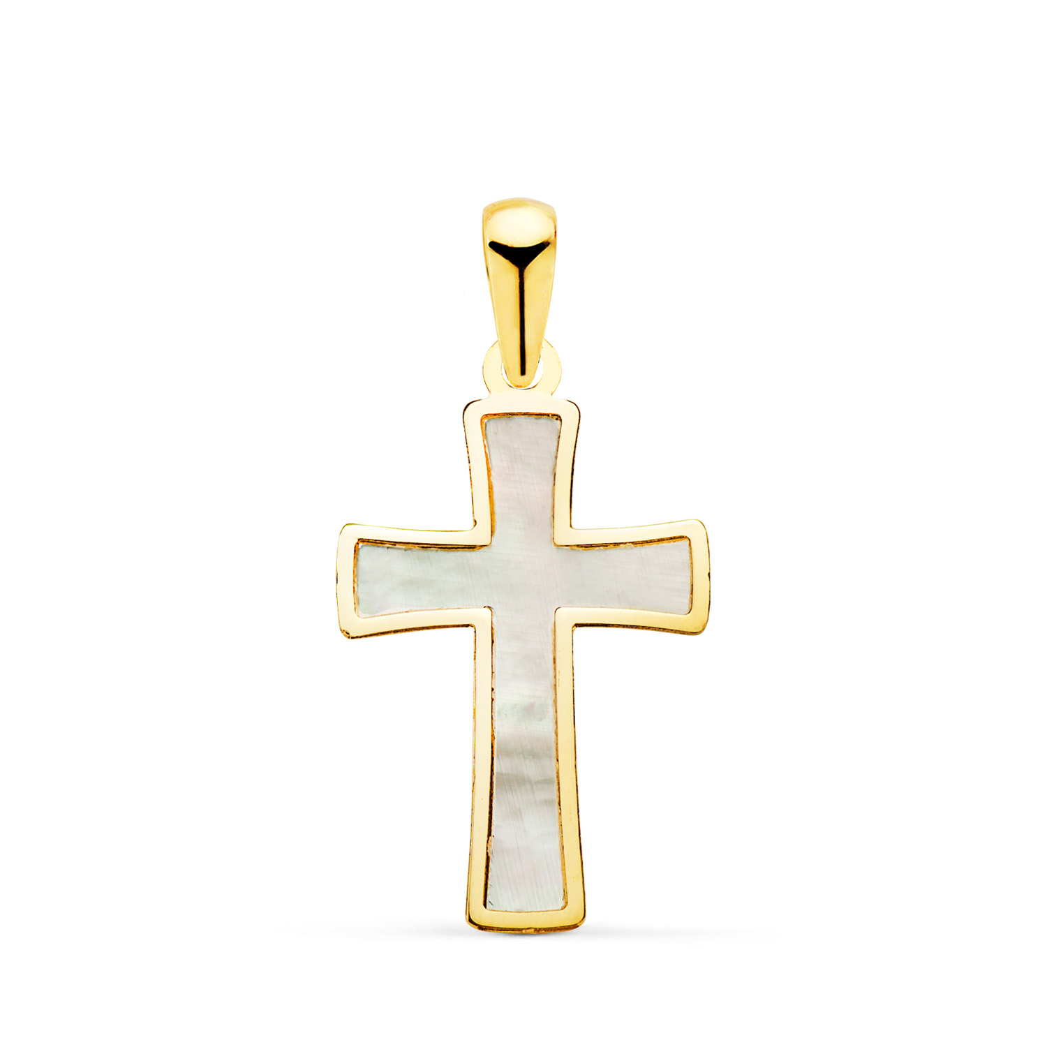 Colgante cruz oro 18k cruz con nacar y borde en brillo
