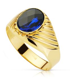 Sello oro 18K  amarillo hueco galloneado piedra oval zafiro spinel