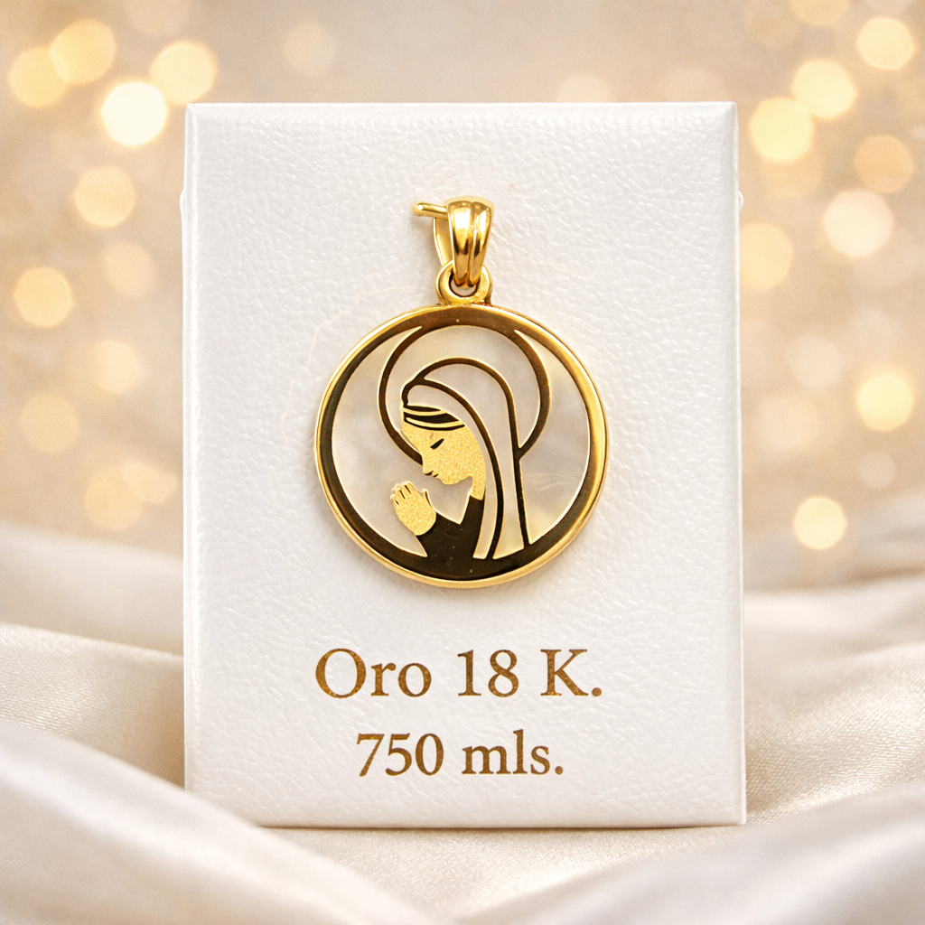Colgante oro 18k virgen niña nacar redonda